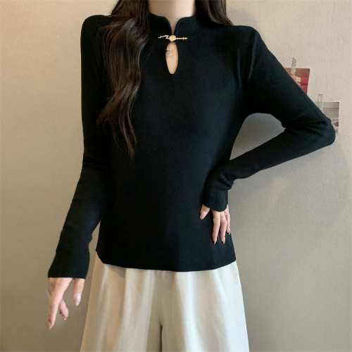 Plus size women's new Chinese style button-up tops for fat girls, western style, age reduction and slimming inner knitted bottoming shirts