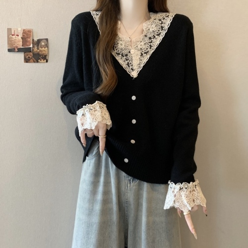 Plus size women's French V-neck lace single-breasted knitted sweater slightly fat mm autumn and winter inner layering top