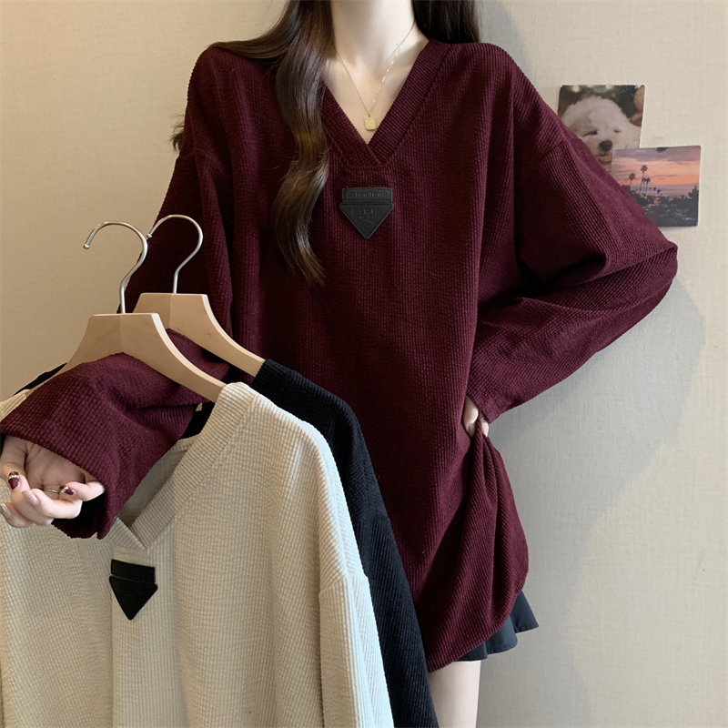 Plus size fat girl Korean style loose V-neck all-match sweatshirt fashionable foreign top