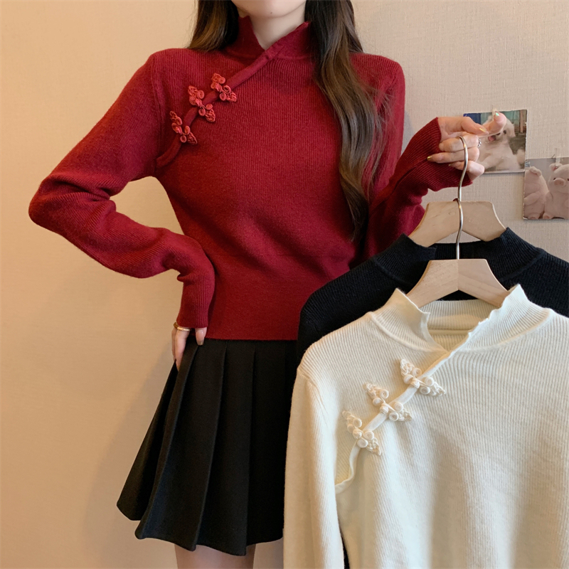 Spot fat plus size women's clothing 2025 spring and autumn fat sister plate buckle knitted fat mm can be worn alone sweater