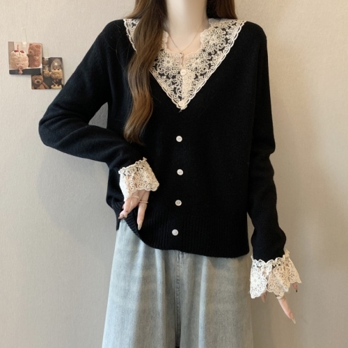 Plus size women's French V-neck lace single-breasted knitted sweater slightly fat mm autumn and winter inner layering top