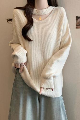Large size lazy style halterneck soft waxy sweater for women 2024 winter new fashion loose and versatile sweater