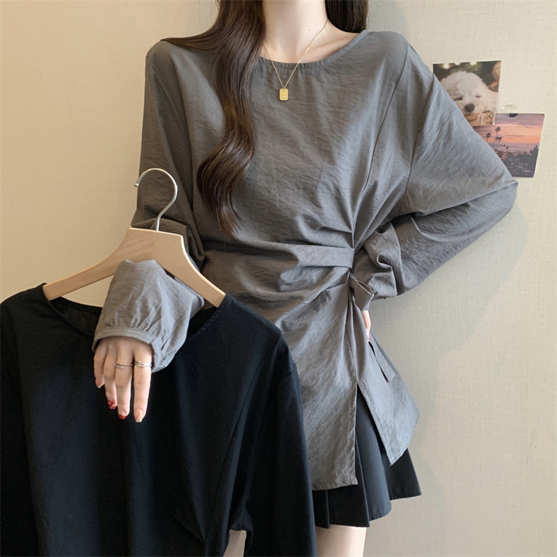Large size Korean style autumn design, irregular and western style, reducing age, covering the flesh, slimming, diagonal buttoned lace-up shirt top