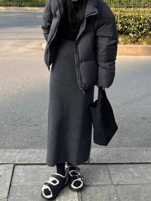 Autumn and winter gray high-waisted half-length skirt for women, super versatile knitted hip skirt, Korean style slimming A-line one-step skirt plus size
