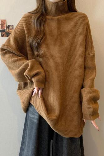 Lazy style turtleneck sweater for women autumn and winter plus size women's thickened retro mid-length loose knitted top