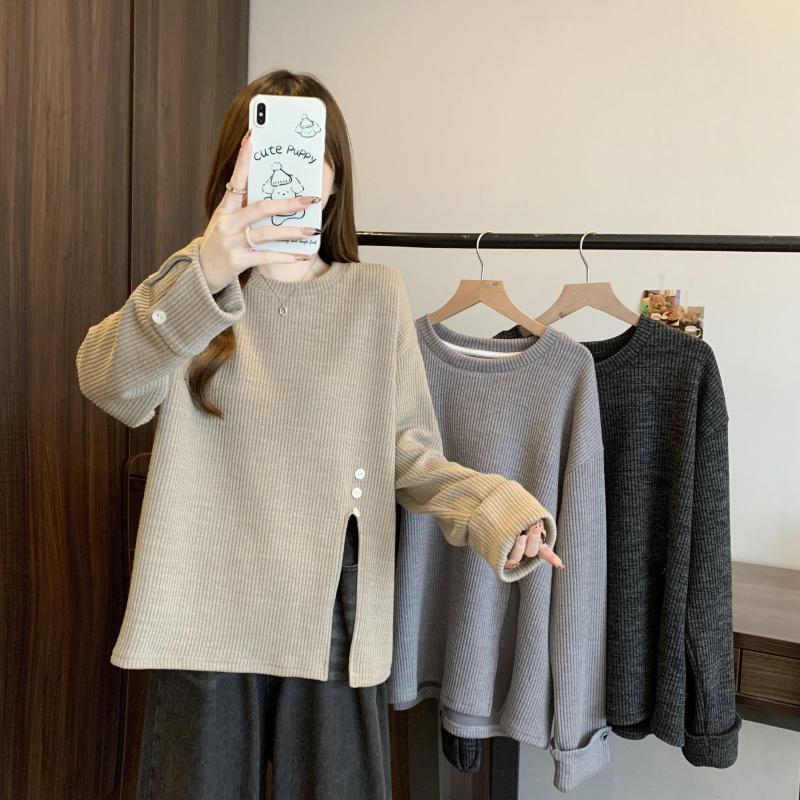 Ready stock large size women's slightly fat high-end solid color lazy style loose-fitting long-sleeved knitted top