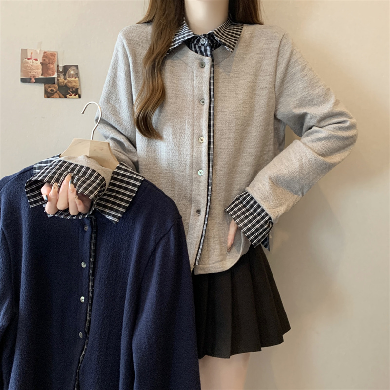Large size autumn and winter new retro plaid splicing knitted lapel temperament single-breasted cardigan jacket for women