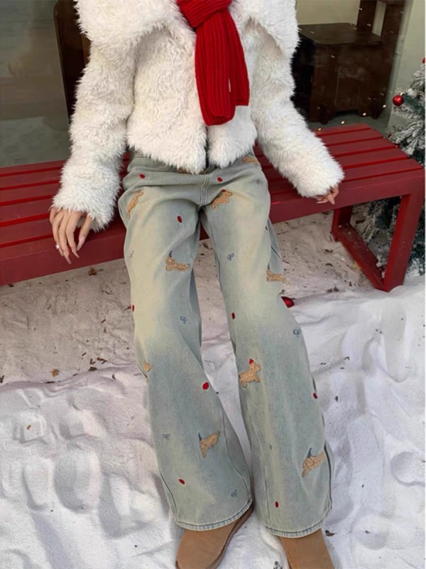Korean style dachshund dog embroidery regular + velvet wide leg large size jeans winter high waist slimming straight floor mopping pants