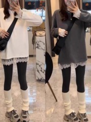 Lace splicing long-sleeved T-shirt for women 2024 autumn and winter new loose bottoming shirt covering buttocks mid-length top