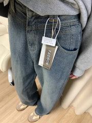 Retro wide-leg jeans for women in autumn and winter, thickened with velvet, high waist, loose and slim, American starry sky pattern straight long pants