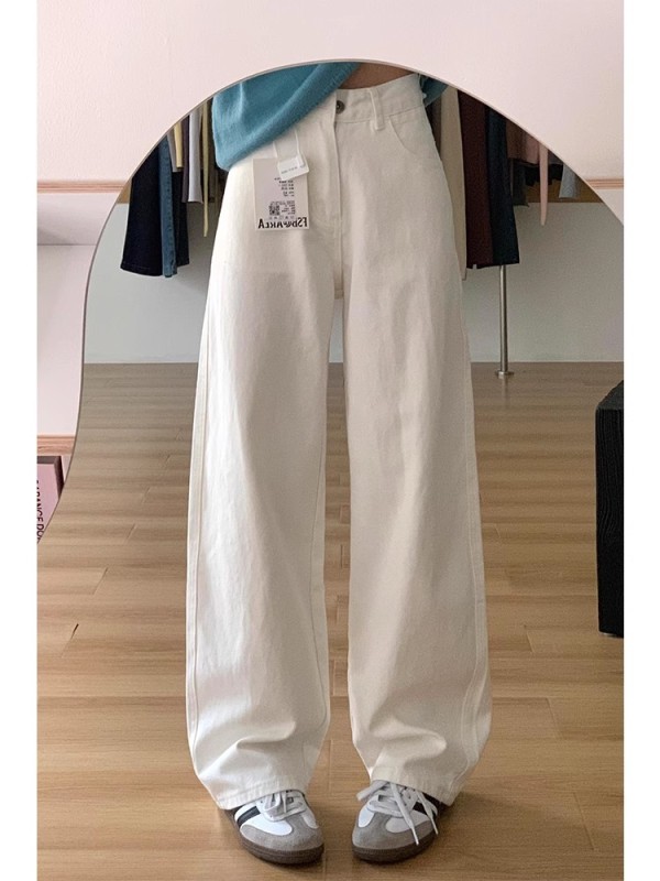 White straight jeans for women in autumn and winter new style plus velvet thickening high waist slimming loose wide leg floor-length trousers slimming