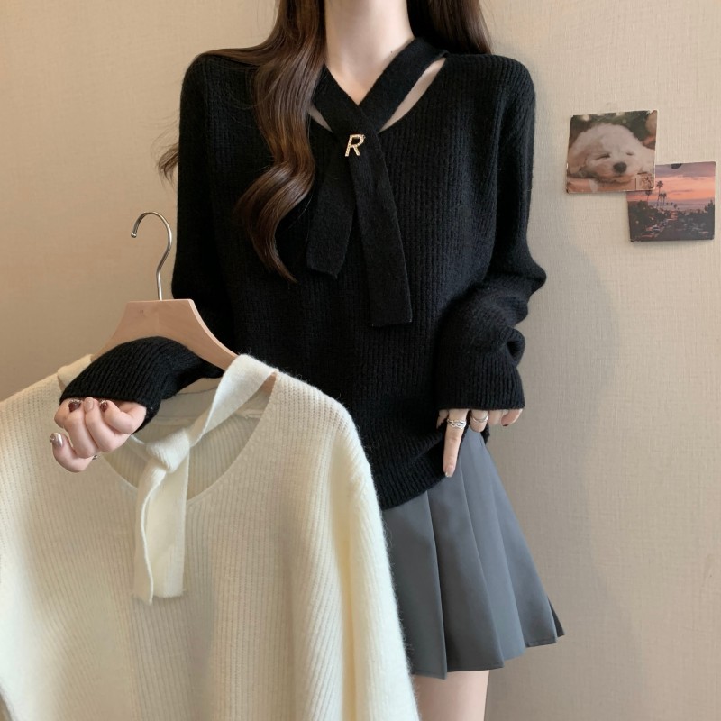 Plus size fat MM autumn and winter new cross scheming double V-neck knitted long-sleeved pullover sweater