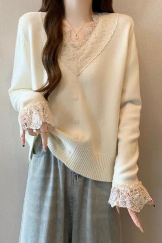 Plus size women's French V-neck lace single-breasted knitted sweater slightly fat mm autumn and winter inner layering top