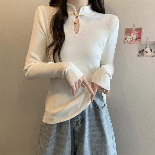 Plus size women's new Chinese style button-up tops for fat girls, western style, age reduction and slimming inner knitted bottoming shirts