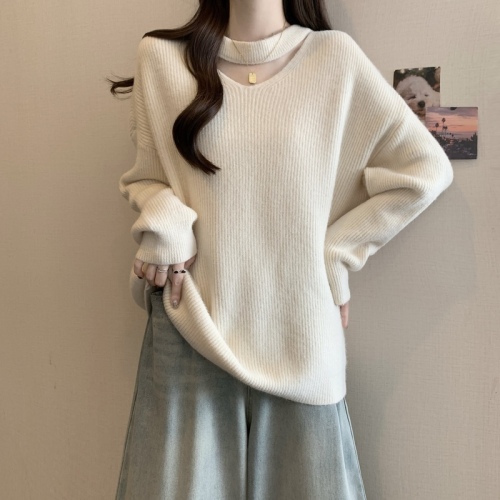 Large size lazy style halterneck soft waxy sweater for women 2024 winter new fashion loose and versatile sweater