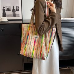 Forest style rainbow striped shoulder bag women's crossbody small shoulder bag canvas bag class commuter bag large capacity cylindrical bag