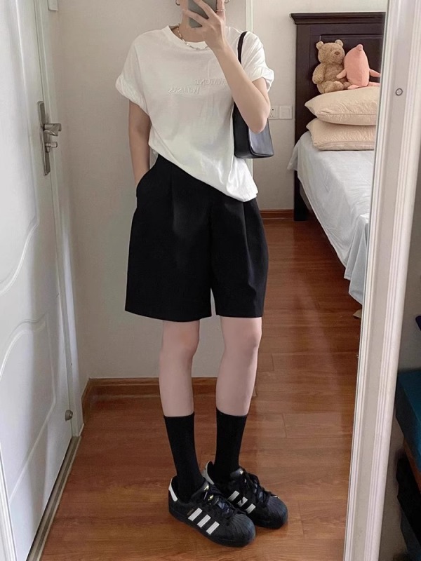 Black suit shorts for women summer pear-shaped figure plus size fat mm high waist slim a-line wide-leg casual mid-length pants