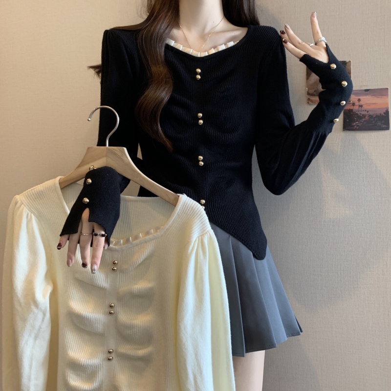 Large size autumn and winter new French lace square neck sweater women's bottoming slit long-sleeved top