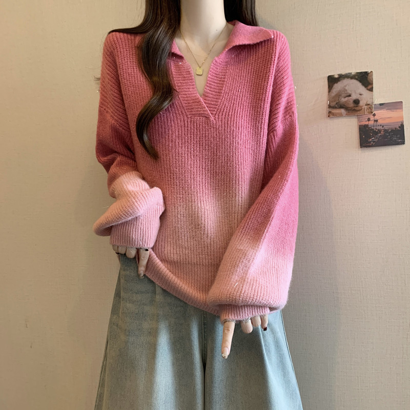Plus size women's winter clothing new sweet gradient sweater lapel loose slimming versatile sweater top