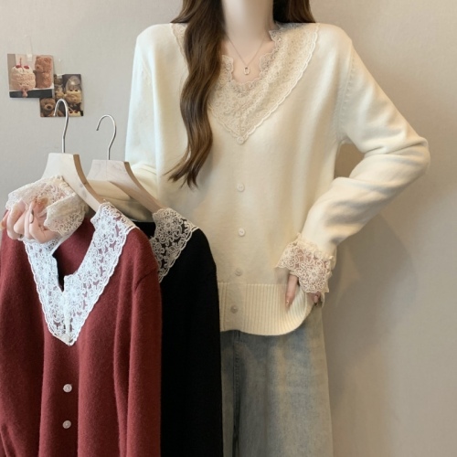 Plus size women's French V-neck lace single-breasted knitted sweater slightly fat mm autumn and winter inner layering top