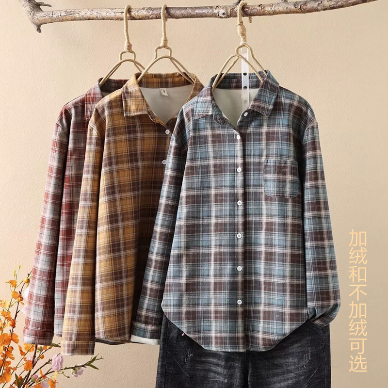 2025 spring and autumn yarn-dyed pure cotton plaid shirt with soft feel and loose top for women, optional velvet/no velvet