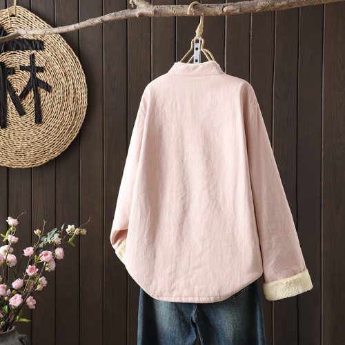 National style stand collar plate button imitation lamb wool thickened warm jacket age-reducing Chinese style cotton jacket loose type cotton coat national trend