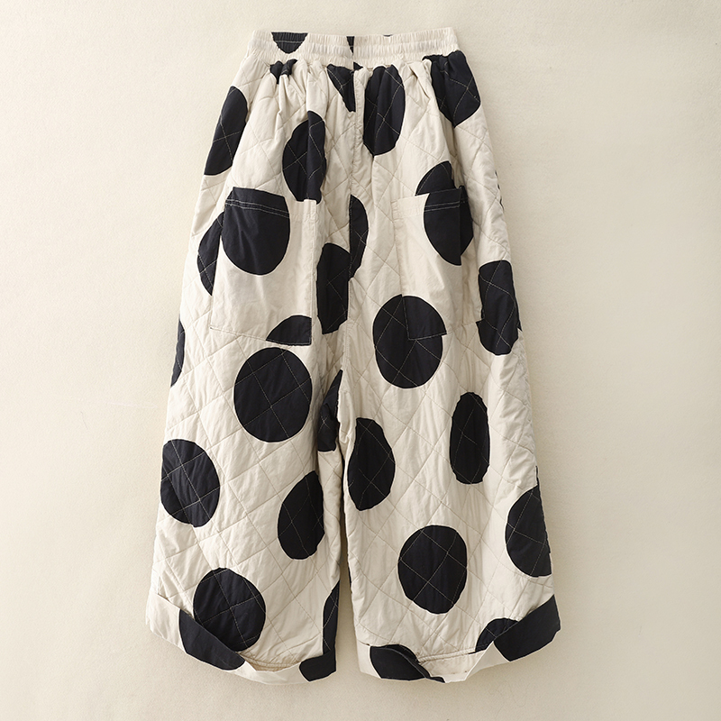 2024 Winter Women's New Korean Style Polka Dot Elastic Waist Loose Padded Warm Wide Leg Pants Cotton Pants Women