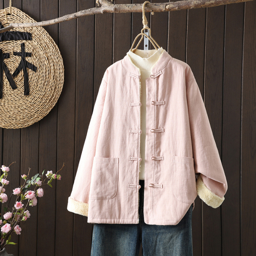 National style stand collar plate button imitation lamb wool thickened warm jacket age-reducing Chinese style cotton jacket loose type cotton coat national trend