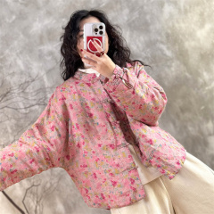 Cotton and linen literary and artistic printed cotton-padded clothes 2024 winter new Chinese-style literary and artistic quilted thickened national style jacket for women