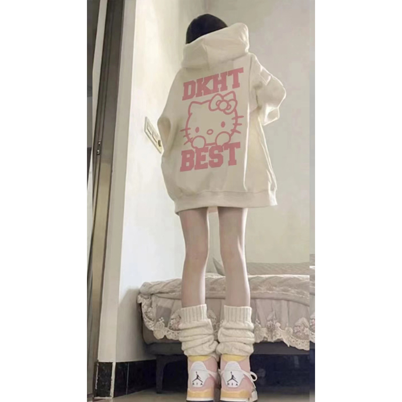 350g imitation cotton/450g imitation cotton silver fox velvet丨thin/plus velvet autumn and winter printed hooded sweatshirt for women