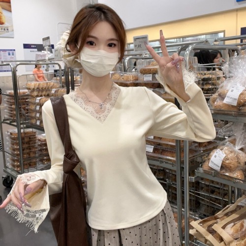 Spot 2024 new autumn and winter new fat mm plus size women's lace plus velvet thickening bottoming long-sleeved T-shirt top