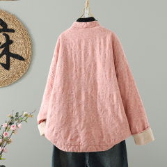 2024 new winter style retro Zen stand-collar single-row disc buckle jacquard cotton and linen quilted casual cotton coat