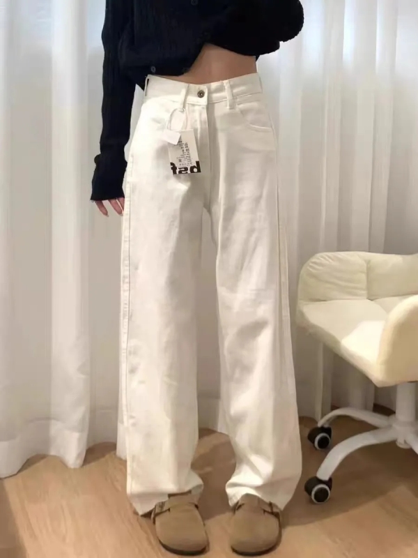 White narrow wide-leg jeans for women in autumn new high-waisted loose slim versatile straight casual long pants trendy