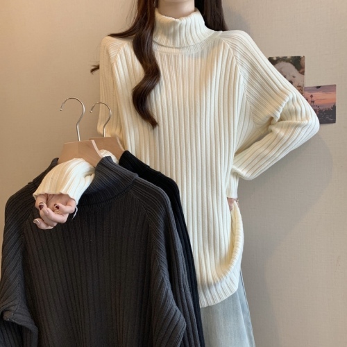 Turtleneck gray sweater thickened sweater for women 2024 autumn and winter large size loose slimming mid-length bottoming shirt