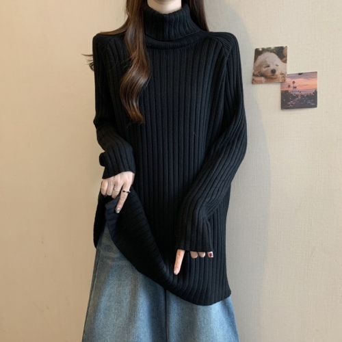 Turtleneck gray sweater thickened sweater for women 2024 autumn and winter large size loose slimming mid-length bottoming shirt