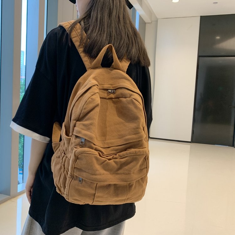 Autumn and winter new large-capacity washed solid color canvas casual double-back street trend male and female student schoolbags