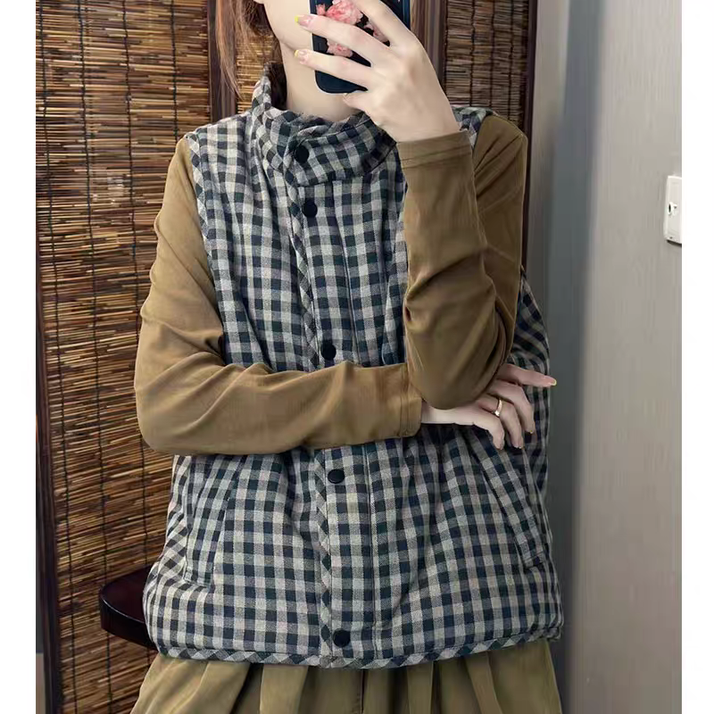 New Fashion Retro Simple Western Style Plaid Cotton Clothes Vest Women 2024 Winter Warm Vest Vest Jacket Women