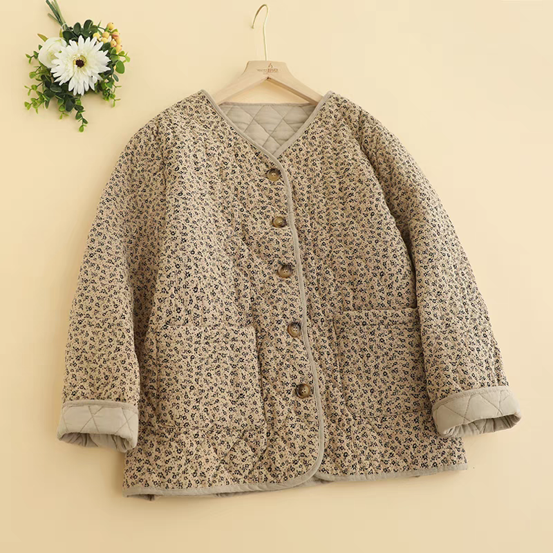 Japanese retro floral cotton coat for women, new loose v-neck long-sleeved quilted warm and versatile jacket