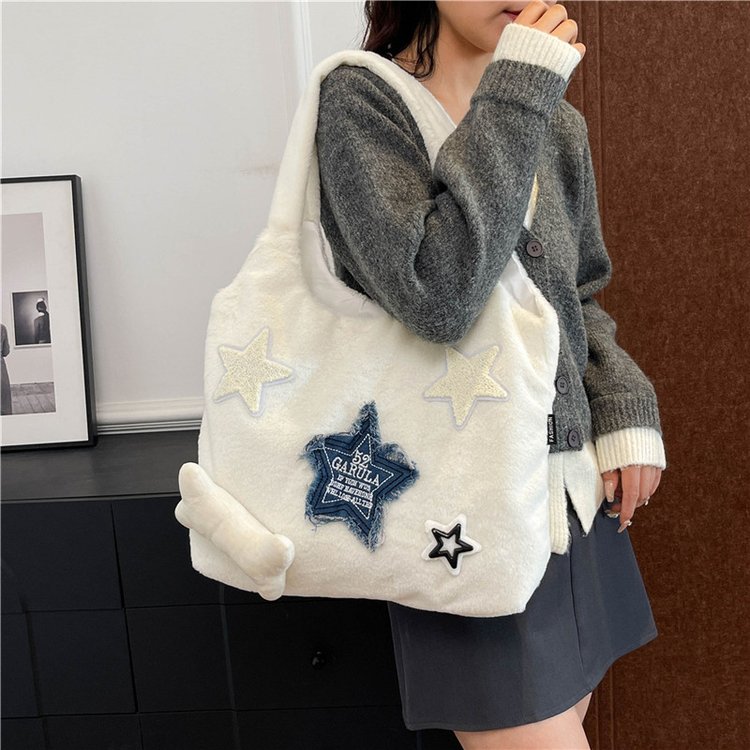 Autumn and winter furry bag women's bag cute design star plush bag large capacity student commuter shoulder bag tote bag