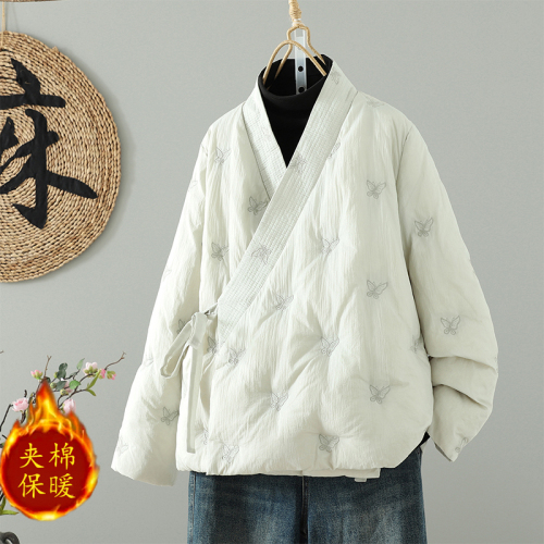 New Chinese style Chinese style embroidered down jacket for women winter new white duck down loose literary lace Hanfu jacket