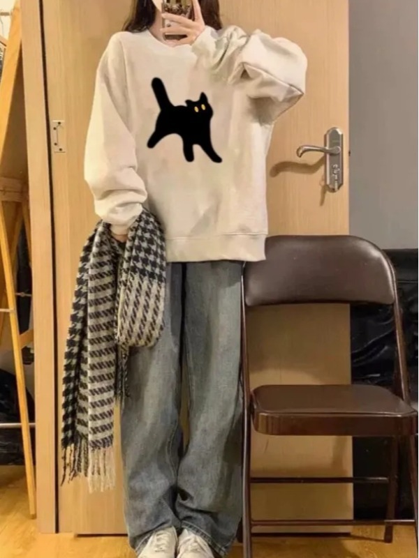 Hong Kong style chic super good-looking cartoon cat sweatshirt for women spring and autumn thin style loose high-end casual versatile top trendy
