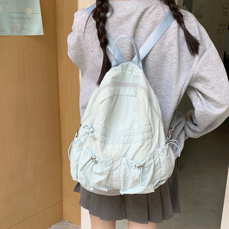 Korean ins lightweight polyester cloth backpack Japanese style literary and artistic small fresh drawstring pleated travel casual backpack for women