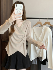 Ready stock plus size women's clothing 2024 autumn and winter new fashion casual pleated plus velvet thickened long-sleeved tops