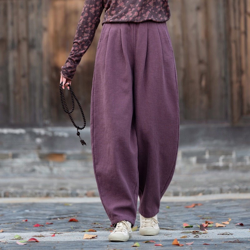 Original picture of cotton and linen pants for women in winter, new high-end warm and thickened casual pants, Tai Chi meditation plus velvet bloomers