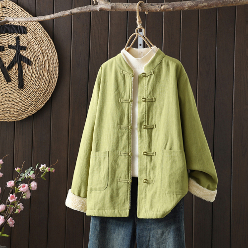 National style stand collar plate button imitation lamb wool thickened warm jacket age-reducing Chinese style cotton jacket loose type cotton coat national trend