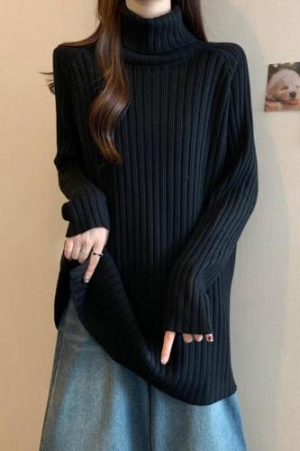 Turtleneck gray sweater thickened sweater for women 2024 autumn and winter large size loose slimming mid-length bottoming shirt