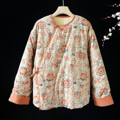 2024 winter new arrival loose ethnic style retro printed versatile round neck cotton jacket and lace-up cotton coat