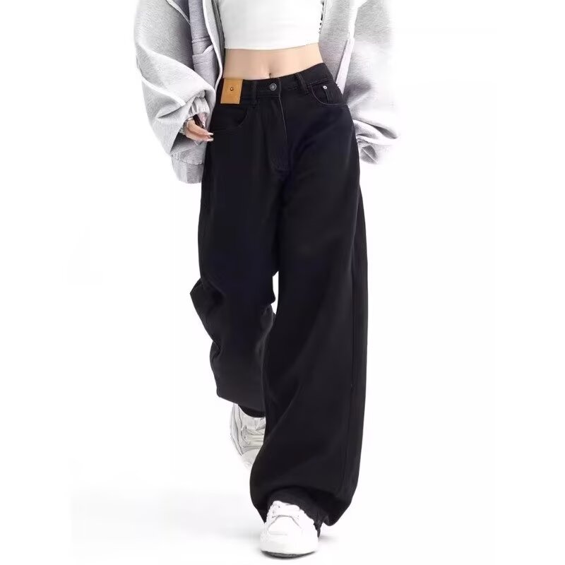 Pear-shaped body large size high-waisted jeans for women spring and autumn loose wide-leg fat mm straight pants covering the crotch and slimming floor-length pants