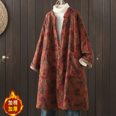 Winter cotton and linen women's clothing, artistic retro buckles, mid-length printed new Chinese style ethnic style cotton clothes, cotton jackets