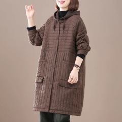 2024 winter new Korean style large size flesh-covering striped retro casual women's cotton coat mid-length coat